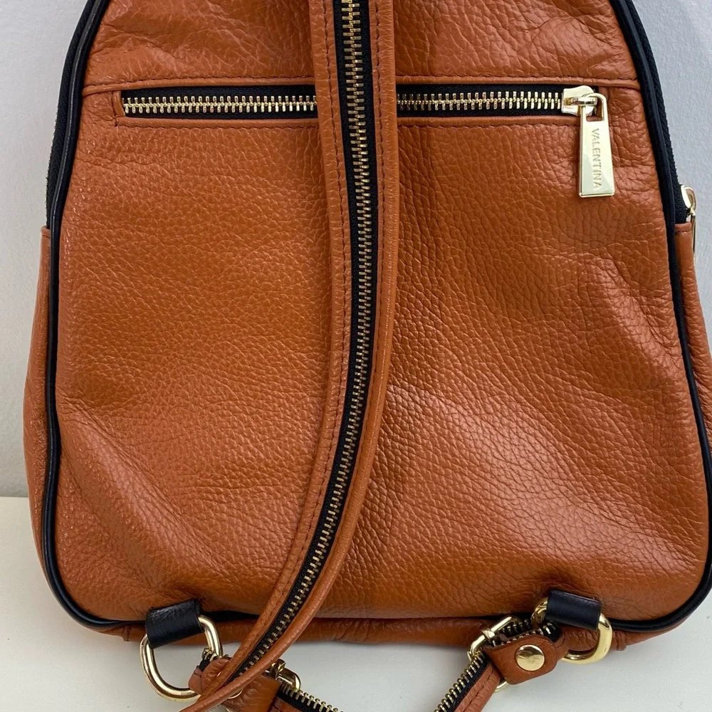 Valentina Italiana Elegant Pebbled Tan and Black Leather Backpack